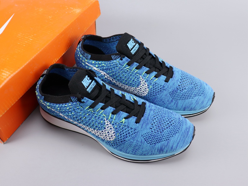 Women Nike Flyknit Racer Blue Black White Shoes - Click Image to Close